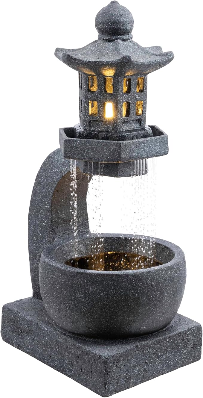 Alpine Corporation DIG370 31" Outdoor Zen Pagoda Water Fountain with LED Lights & Illuminated Stone Bowl – Tranquil Garden Water Feature for Relaxation and Ambiance, Gray