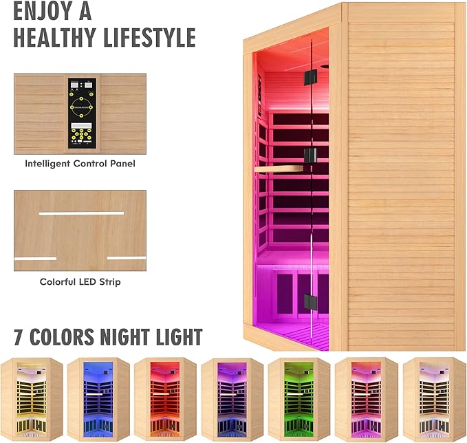 Indoor Sauna Two Person Far Infrared Saunas for Home 1 - 3 Person Wood Sauna Canadian Hemlock 2180W/110V Low EMF Dry Sauna Room with Oxygen Bar/7 Color Therapy/9 Heating Plates/Control Panel/Speaker