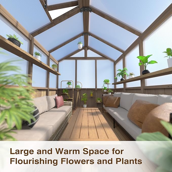 BlueWish 6x8FT Greenhouse, 6mm Polycarbonate Greenhouses with Cedar Frame, Wood Greenhouse with Adjustable Vent, Green House for Outside, Garden, Backyard