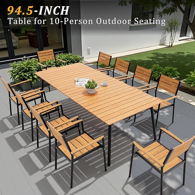 Outdoor Dining Table for 8-10, 94.5 inch Patio Dining Table with Wooden-Like Top and Aluminum Frame, Rectangular Table with Umbrella Hole Outdoor Furniture, Brown
