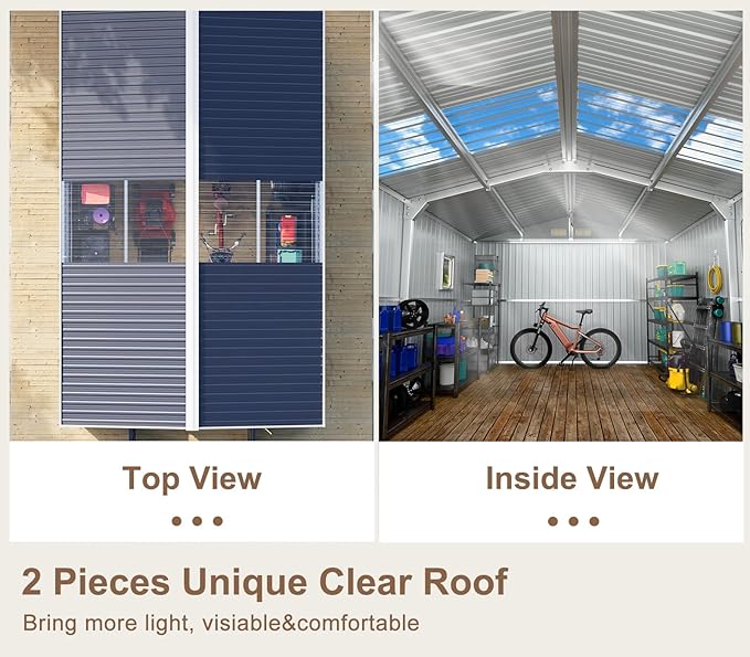 10x12 FT Metal Outdoor Storaged Shed with Floor Base Waterproof Reinforced Frame with Unique Clear Roof Skyview Windows Air Vents Door for Garden Patio Backyard Large Tools Storage Lawnmower,Dark Grey