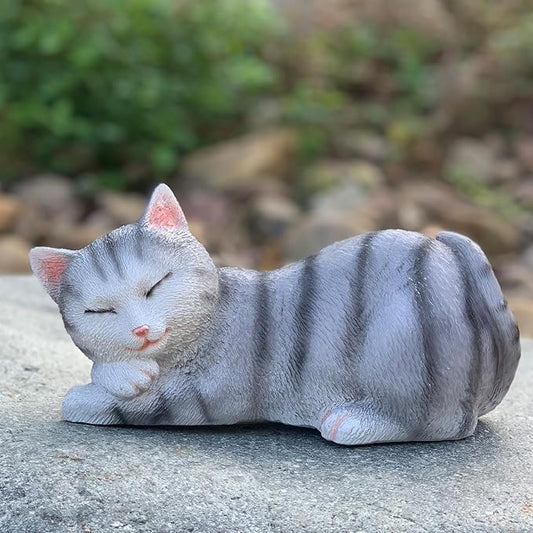 Cat Statue Outdoor Garden Decor, Cat Statues & Figurine Garden Statues Outdoor Clearance for Patio, Lawn Decoration, 6" Grey Sleeping Tabby Statue for Indoor Table Accessory, Gift for Mom