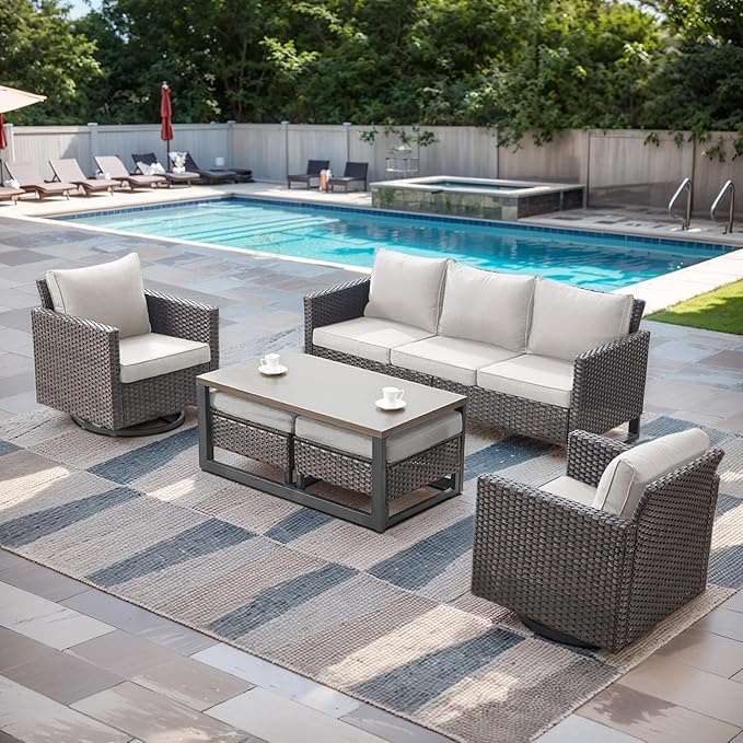 Rilyson Wicker Outdoor Patio Furniture Set - 6 Piece Patio Conversation Set with 2 Swivel Rocker Chairs,2 Rattan Ottoman,1 Couch and 1 Metal Coffee Table for Outside Porch Deck Backyard(Brown/Beige)