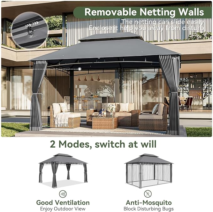 AOXUN Outdoor Gazebo for Patio 10x13, Metal Frame Canopy with Double Roofs, Heavy Duty Party Tent and Shelter with Mosquito Nettings for Backyard, Lawn, Garden, Deck (Gray/no Privacy Screen)