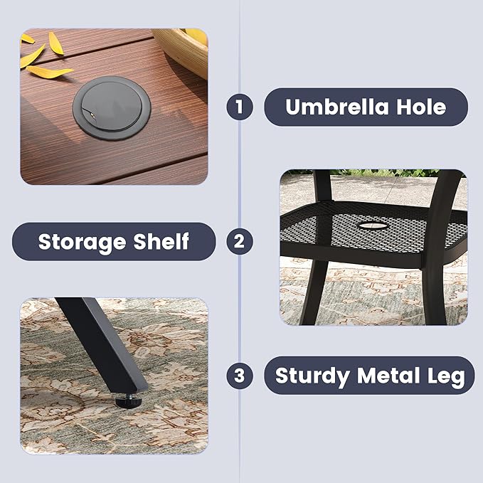 VICLLAX 5 Pieces Outdoor Dining Set, Patio Furniture Set of 4 Patio Swivel Dining Chairs and 41" Patio Round Table with Storage Shelf, Dark Charcoal Chairs & Walnut Tabletop
