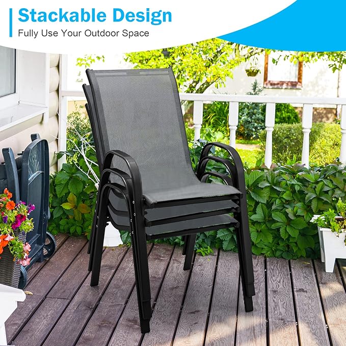 Tangkula Patio Dining Chairs Set of 4, Outdoor Stackable All Weather Heavy Duty Dining Chairs Set with Armrests, Support 330 LBS, for Poolside, Backyard, Garden, Deck, Front Porch (Grey)