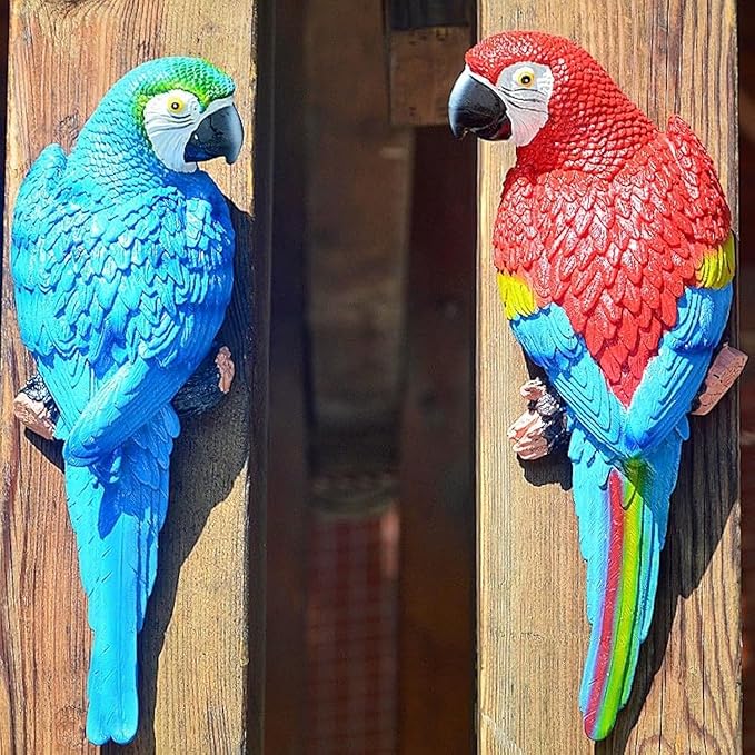 coolboy Bird Statue Decorations Outdoor,Garden Bird Figurine Real Parrot Figurine,Resin Bird,Bird Statue Gift,Wall Hanging Macaw Bird Tropical Decor Wall Sculpture, Polyresin, Full Color,2 Bird a Set