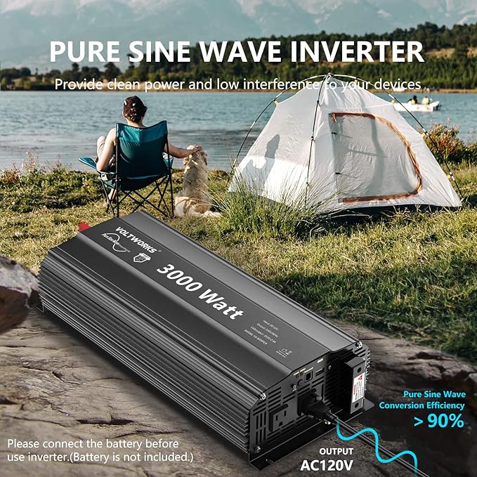 3000Watt Pure Sine Wave Inverter 12V DC to 110V 120V AC with UL Fuses 3000W Power Inverter for Home RV Truck Off-Grid Solar with AC Hardwire 30A Compatible with Lithium Battery VOLTWORKS
