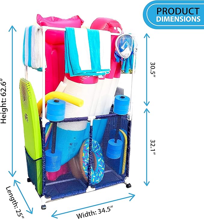 Essentially Yours Pool Equipment Holder with Towel Drying Bars, Mesh Rolling Pool Storage Organizer Bin, Extra Large with Towel Hanger, (34.5" W x 25" L x 62.6" H), Blue/White Style 418566