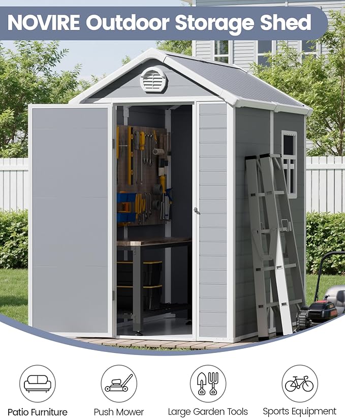 6x4.5 FT Plastic Sheds & Outdoor Storage, UV Resistant Storage Sheds Outdoor with Floor and Window, All-Weather Garden Resin Tool Shed for Lawn Mower, Yard Tools, Bike, Light Grey