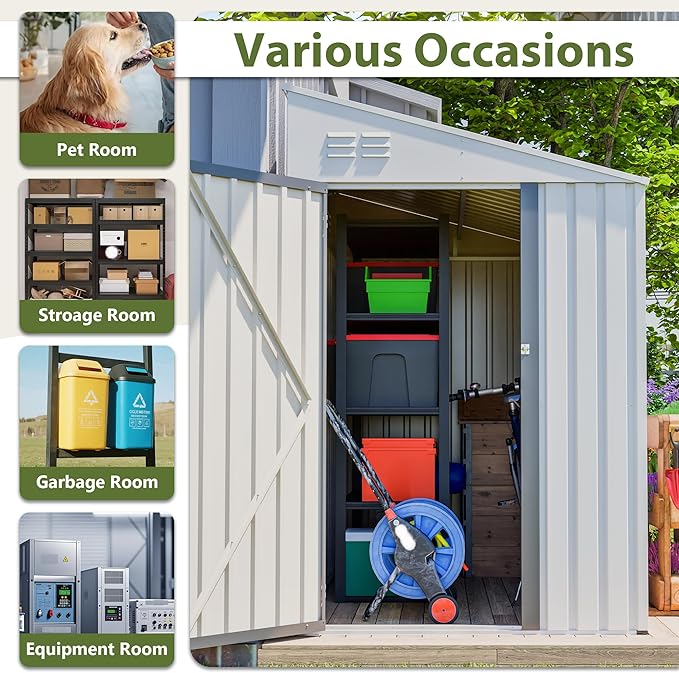 4x7 Ft Outdoor Storage Shed - Heavy Duty Metal Garden Shed, Galvanized Steel with Weather Protection, Lockable Tool & Bike Storage, Space-Saving Lean-to Design for Backyard (White)