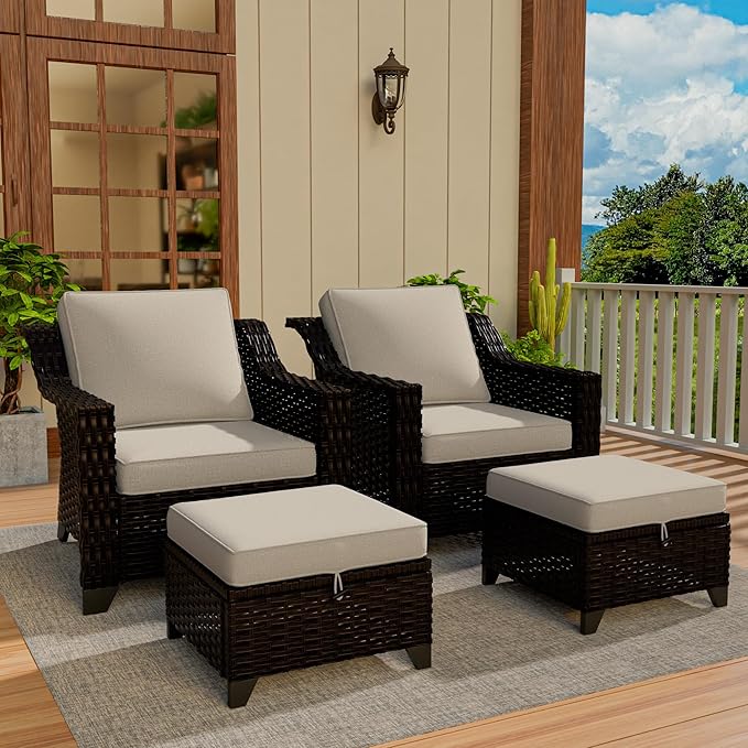 Vista Vibe 4 Pieces Outdoor Patio Conversation Furniture Set - 2 Luxurious Armchairs | 2 Wicker Ottomans, Removable Cushions, Hand-Woven PE Rattan, Office, Porch (Brown/Beige)