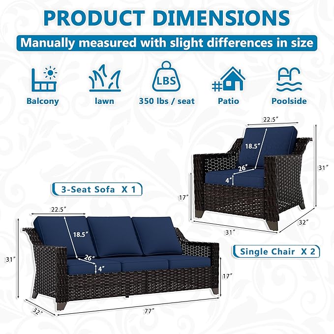 Vista Vibe 3 Pieces Outdoor Patio Conversation Furniture Set - 78" 3-seat Sofa | 2 Wicker Chairs, Deep Seat Loveseat, Removable Cushions, Hand-Woven PE Rattan Couch, Balcony (Brown/Navy)
