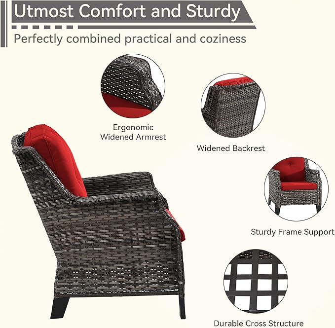 Patio Furniture Set 3 Pieces-Patio Chairs Set of 2 and A Side Table with Thick Cushions and All-Weather PE Wicker for Garden, Patio and Porch, Red