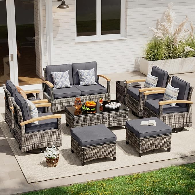 MEISSALIVVE 10 Pieces Outdoor Patio Furniture Sets,PE Wicker Patio Conversation Sets with 4 Wood Armrests Swivel Rocker Chairs，2-seat Sofa and Coffee Table(Grey)