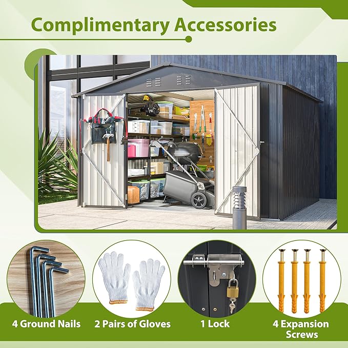 10X8 FT Outdoor Storage Shed, All Weather Metal Sheds with Lockable Doors, Tool Shed for Garden, Patio, Backyard, Lawn, Black