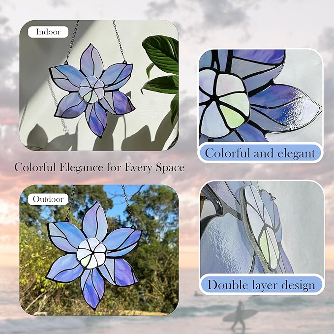 Stained Glass Window Hanging - Purple Flowers Stain Glass Decoration Sun Catchers Indoor Window,Floral Suncatcher Gift for Mom Grandma Nana Aunt