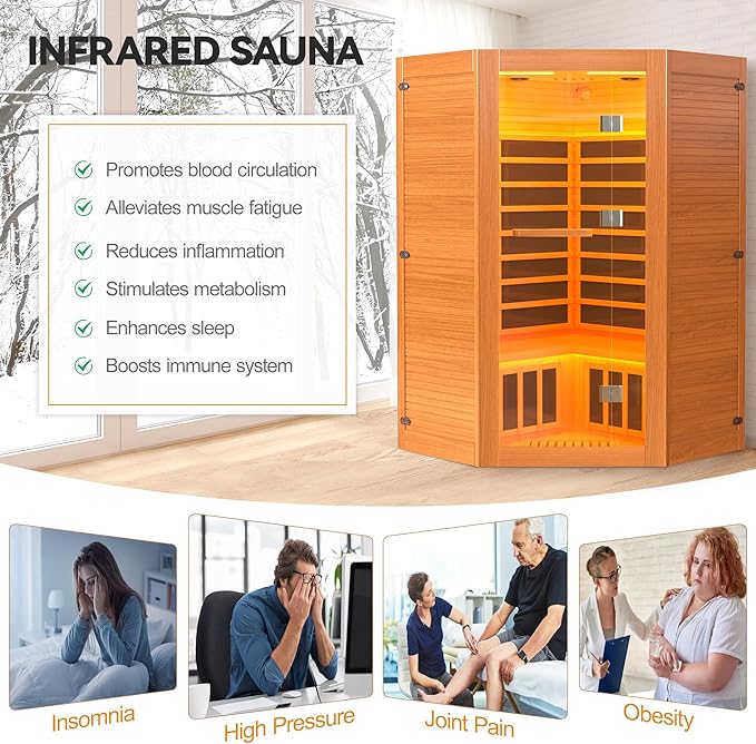 HUGROVE 2-3 Person Low EMF FAR Infrared Sauna for Home, Indoor Canadian Hemlock Dry Heat Sauna Kit with Bluetooth Speakers, LED Lights & Smart Control Panel