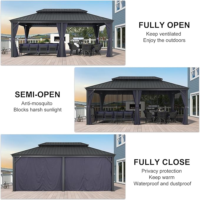 PURPLE LEAF 12' X 20' Hardtop Gazebo Aluminum Gazebo with Galvanized Steel Double Roof for Backyard Patio Lawn and Garden, Curtains and Netting Included, Navy Blue
