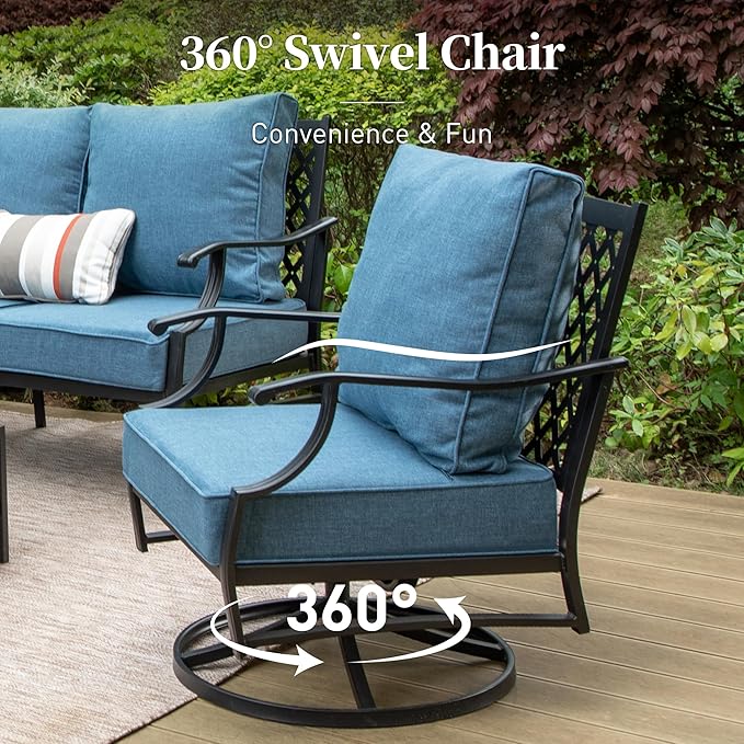 6 Piece Metal Outdoor Patio Furniture Set, Patio Conversation Sets 1 3-Seater Sofa, 2 Swivel Chair, 2 Leg Chair with 5.75" Thick Cushion and Coffee Table, Backyard Furniture Set, Navy