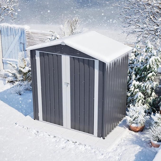 6x4 FT Shed Outdoor Storage Metal Large Garden Tool Sheds with Lockable Doors Slooping Roof Floor Frame Waterproof Steel Utility Equipment Shed for Backyard Patio Lawn Poolside, Grey