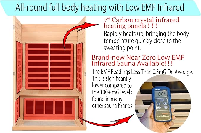 Infrared Sauna 2 Person, Ultra Low EMF Infrared Sauna (0-5mg), Far Infrared Saunas for Home, Canadian Hemlock Wood Indoor Sauna with Bluetooth Speakers, Reading Lamps, Chromotherapy Lights