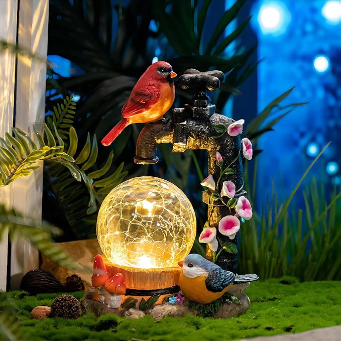 TERESA'S COLLECTIONS Garden Decor for Outside Red Cardinal Bird Statues with Outdoor Solar Lights, Resin Garden Sculptures & Statues for Lawn Porch Yard Decor, Valentines Gifts for Women Mom,8.3"
