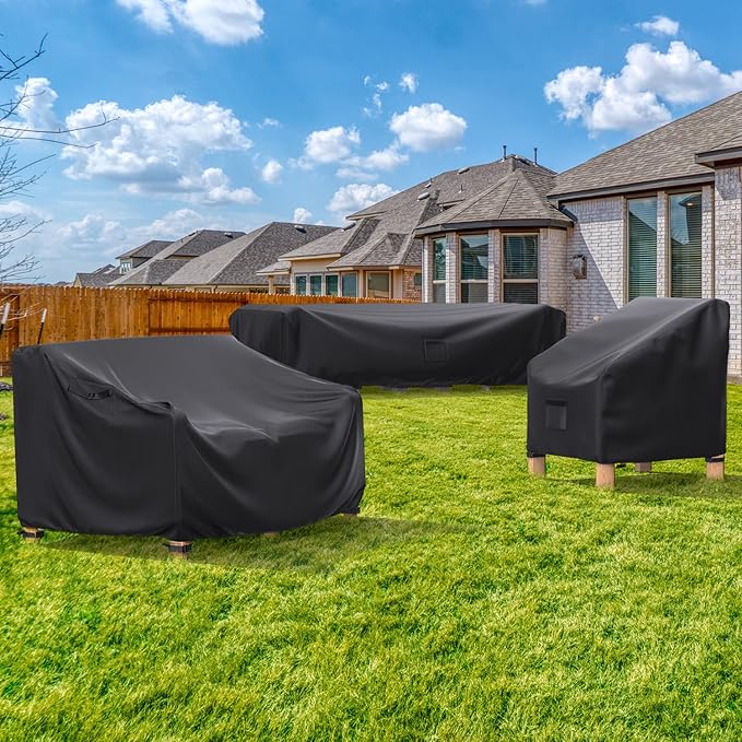 Patio Sofa Cover Waterproof - Heavy Duty 3-Seater Outdoor Couch Cover Patio Furniture Covers with Air Vent and Handles, 90" L×42" D×32" H, Black