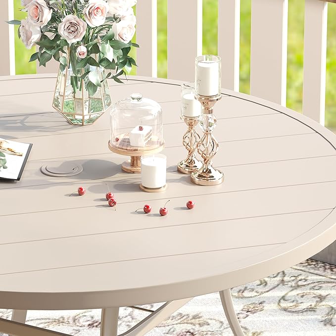 VICLLAX Patio Dining Set for 6, 7 Pieces Outdoor Furniture Includes 53" Round Patio Table with Umbrella Hole and 6 Outdoor Swivel Chairs for Lawn Garden, Sandshell Tabletop and Fabric