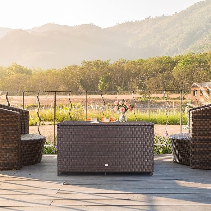 HAPPYGRILL 133 Gallon Outdoor PE Wicker Storage Box Rattan Deck Container with Waterproof Liner and 2 Universal Wheels, Garden Furniture Container Box for Cushions Garden Tools