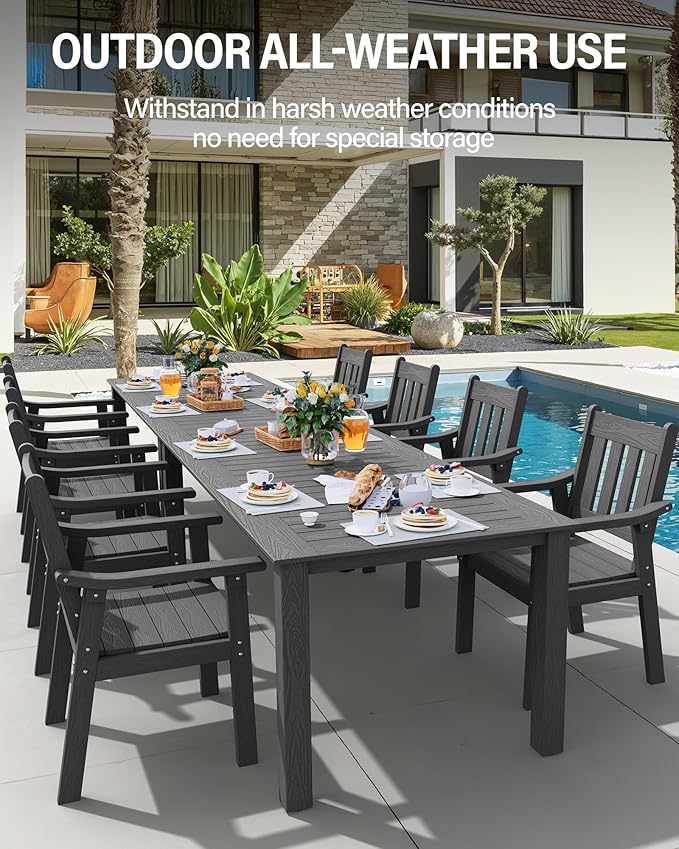 YEFU HIPS Patio Table Set: 10 Piece Outdoor Table and Chairs Dining Furniture Set with Umbrella Hole - Gray Modern Plastic Dining Sets 8 Person for Outside Deck with Metal Aluminum Frame