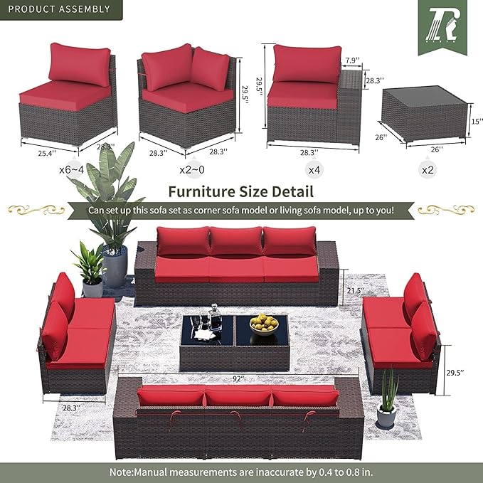 Outdoor Patio Furniture Set, 12 Pieces Outdoor Furniture All Weather Patio Sectional Sofas PE Wicker Modular Conversation Sets with Coffee Table,10 Chairs & Seat Clips Red.