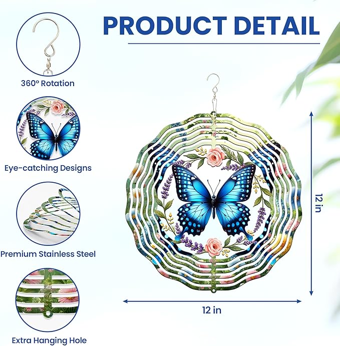 FLAGWIX Christmas Butterfly Wind Spinners Outdoor - 3D Stainless Steel Metal Wind Spinners 12 in - Birthday Gifts for Mom, Butterfly Gifts for Women, Yard Decorations Outdoor, Christmas Decorations