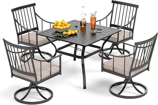 PHI VILLA 5 Pieces Outdoor Dining Set for 4, Square Black Wrought Iron Table with Umbrella Hole & Swivel Metal Chairs with Cushions, Modern Furniture for Patio, Deck, Yard, Porch