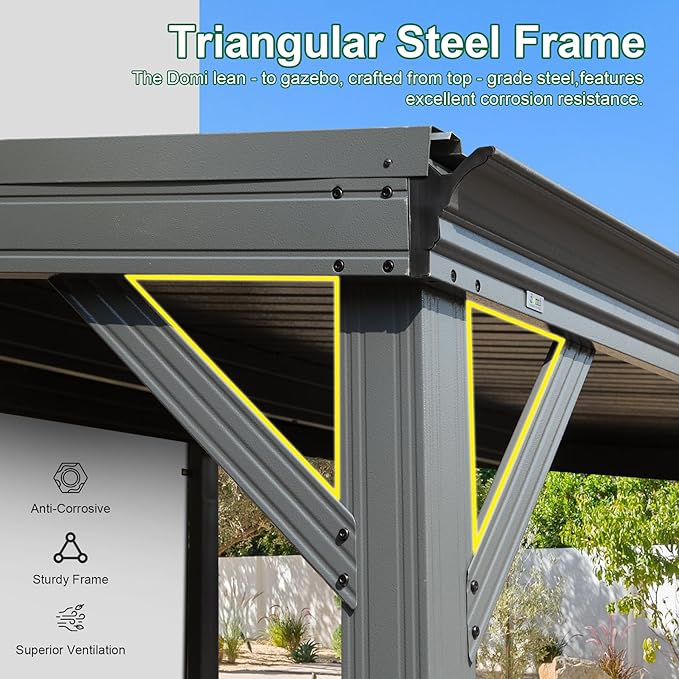 Domi 10’x14’ Lean-to Gazebo, Hardtop Wall-Mounted Gazebo Pergola with Sloping Galvanized Steel Roof and Upgraded Drainage System, Outdoor Permanent Metal Shelters for Patio Backyard Deck, Grey