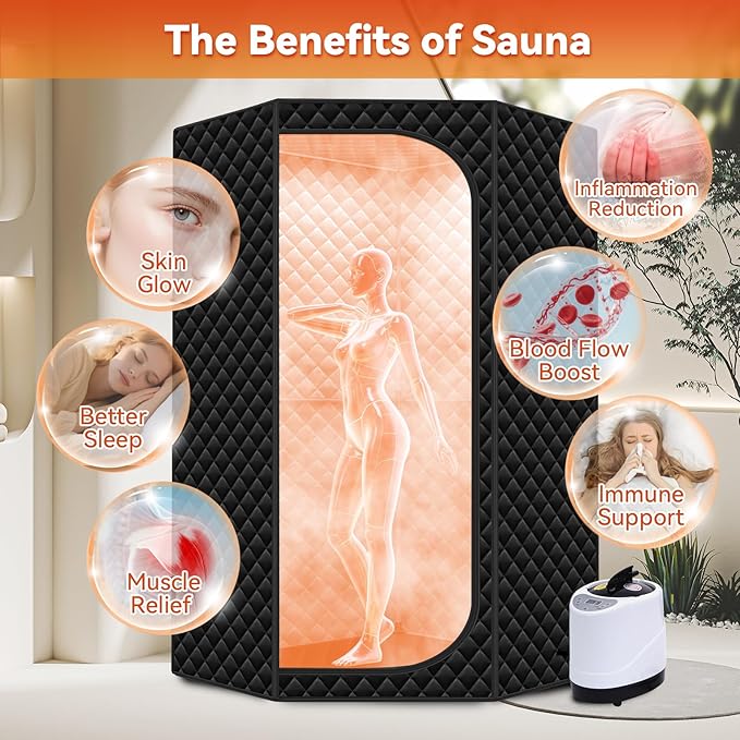 Portable Sauna for Home - Upgraded Personal Home Sauna Box with 3L 1300W Steamer, Big Folding Chair, 9 Levels Heat, Timer, Remote Control - Large Size Steam Room Saunas Tent for Relaxation & Spa Black