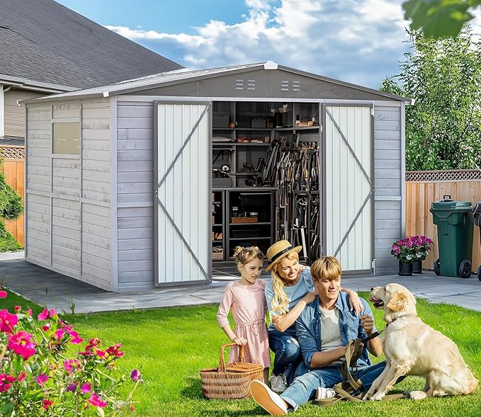 Shed 8' x 8' Storage Shed, 8 x 8 FT Wood Sheds & Outdoor Storage Clearance, Utility and Tool Garden Shed, Waterproof Storage Shed Large with Lockable Doors for Backyard, Patio, Outside Use (Gray)