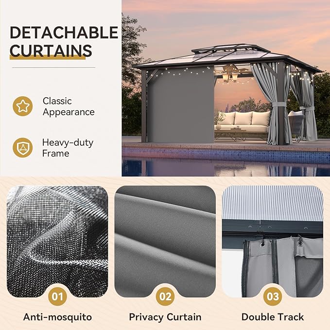 Aoxun 12'x14' Hardtop Gazebo, Aluminum Frame Permanent Pavilion with Netting and Curtains, Outdoor Polycarbonate Double Roof Canopy, Designed for Lawn, Garden, Patio (Gray)