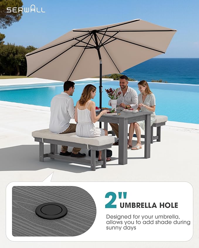 SERWALL Patio Dining Set for 4, Outdoor Dining Sets for 4 Person with 1 Umbrella Hole Cut-Out Rectangular Table and 2 Benches, HDPE Dining Sets for Garden, Backyard, Poolside, Gray