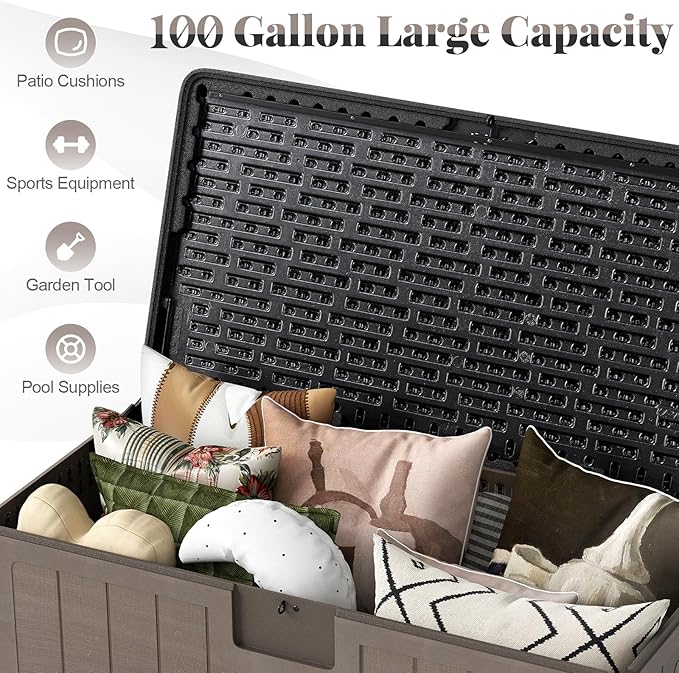 HAPPYGRILL Outdoor Storage Deck Box with Lockable Design & Gas Strut, Handle, 100 Gallon HDPE Patio Storage Organizer for Lawn Backyard Poolside (Black Brown)
