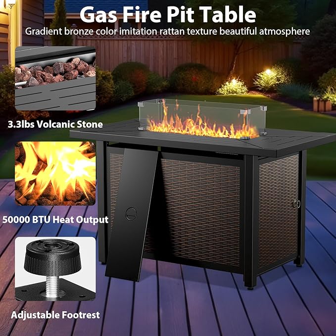 7 Piece Patio Furniture Set with Fire Pit Table - Wicker Patio Conversation Set with Swivel Glider, 3 Seat Sofa, Side Table and 2 Ottomans for Deck Backyard - Grey Wicker Red Cushion