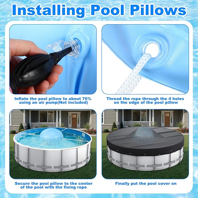 Hungdao 4ft Pool Pillow Cover for Above Ground with 12 Pcs Inflatable Pool Cover Weight with Hook Winter Ice Antifreezing Hanging Bag with Rope and Connection Buckle(Sky Blue,4ft,Round)
