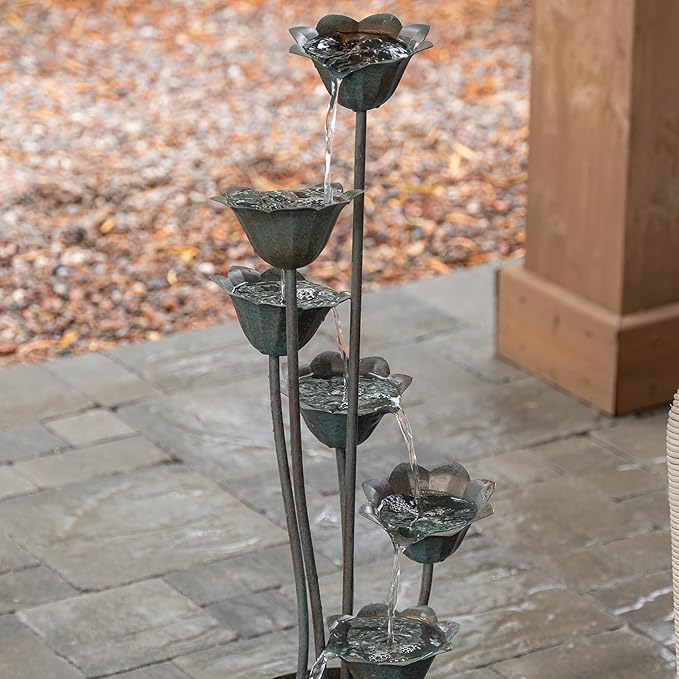 XBrand Metal Sculptural Multi-Tiered Flower Water Fountain, No LED Lights, Silver, 35" Tall