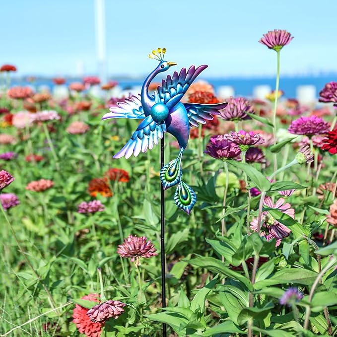 WONDER GARDEN Wind Spinners Outdoor - 2 Pack Small Metal Blue Peacock Wind Spinner Windmill, Wind Sculpture for Yard Patio Lawn Decor