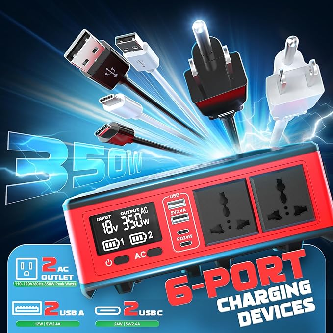 350W Power Station Compatible with Milwaukee: LIVOWALNY Portable Generator DC 18V to AC 110-120V Power Inverter Battery Adapter Phone Charger 2 USB-A & 2 Type-C & 2 AC Outlet & 7 Colors RGB Light