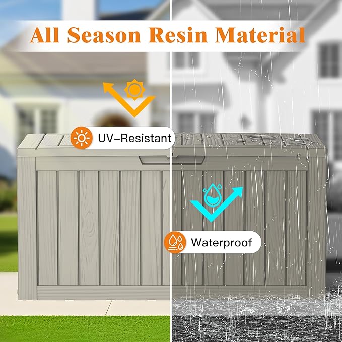 Outdoor Storage Box, Deck Box Waterproof 72 Gallon, Resin Outside Storage, Storage Bin for Package Delivery, Patio Furniture Cushion, Pool Accessories, Weatherproof and UV Resistant, Grey