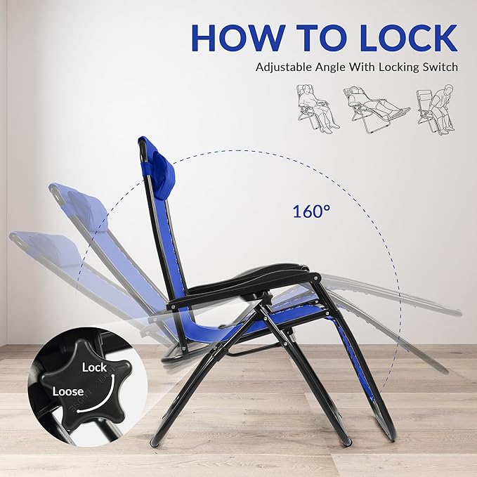 Elevon Zero Gravity Chair with Cup Holder & Removable Pillow, Adjustable Reclining Outdoor Patio Folding Chairs for Adults Portable Lounge Chair Furniture for Poolside, Lawn, Beach, Camping, Blue