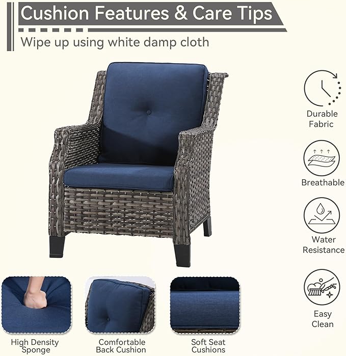 4 Piece Patio Furniture Set, 2 Chairs and 2 Ottomans PE Wicker Footstool, Outdoors Rattan Conversation Set with Deep Seating and Olefin Cushions, for Backyard, Garden, Navy