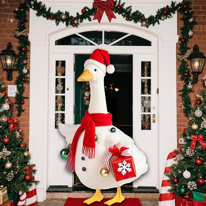Christmas Snowman Porch Goose Outfits for Large 23" High Cement or Plastic Goose Statue, Yard Goose Cloths with Christmas Hat and Snowflake Gift Box Decor for Outdoor Lawn Gaden Patio