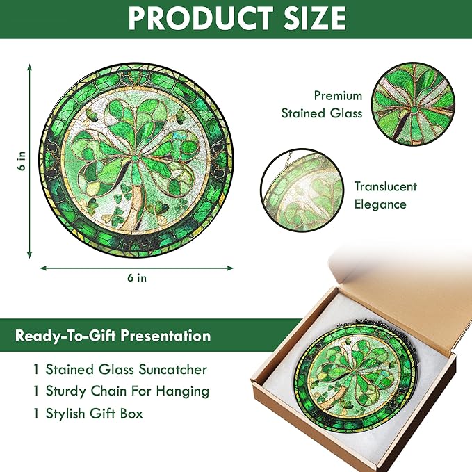 FLAGWIX Christmas Irish Gifts for Women Men - 100% Stained Glass Hanging Suncatcher 6 in - Birthday Christmas Irish Decorations for Family Friends, Shamrock Home Decor, St Patricks Day Decorations